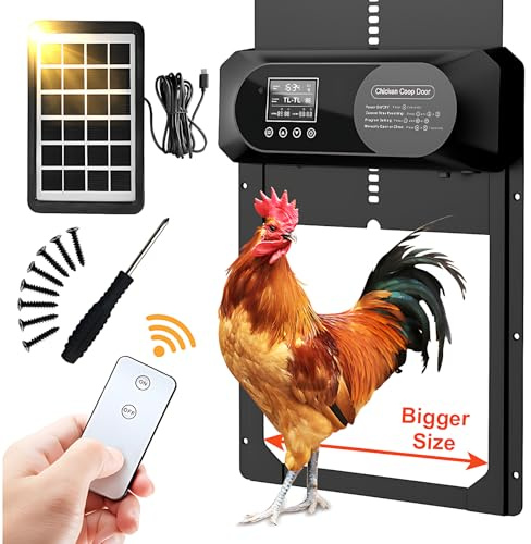 Large Size Automatic Chicken Coop Door Solar Powered,15.9H x 12L x 2.28W,Aluminum Alloy Chicken Door with LCD Display,Timer & Light Sensor,4 Control Modes,Anti-Pinch Coop Door with Remote Control