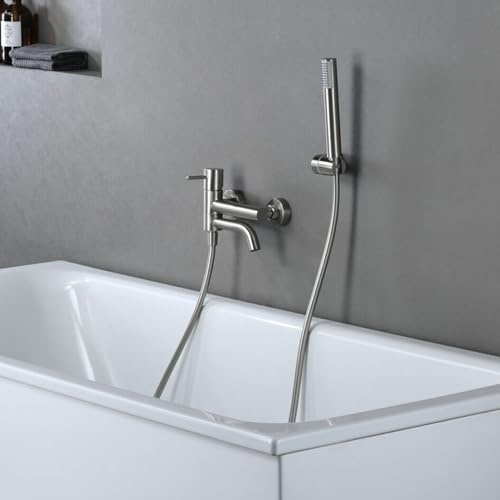 IMEX - Grifo Monomando Bañera y Ducha Níquel Cepillado | Grifo Mezclador de Pared con Soporte Alcachofa de Ducha y Manguera | Grifería en Latón y Acero Inoxidable S.304 | Serie Monza