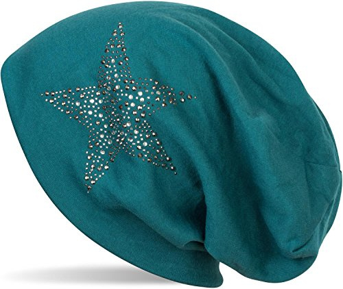 styleBREAKER Beanie för dam med strass-stjärna,Petrol