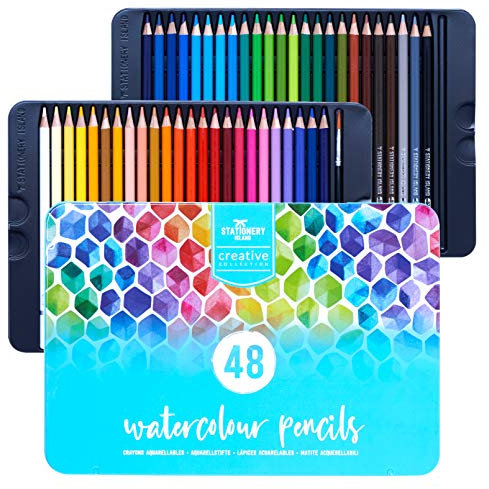 Stationery Island Aquarellstifte-Set – 48 Farben + 1 kleiner runder Pinsel – Wasserlösliche Buntstifte für Künstler, Erwachsene und Kinder zum Ausmalen und Zeichnen für Kalligrafie und Aquarellmalerei
