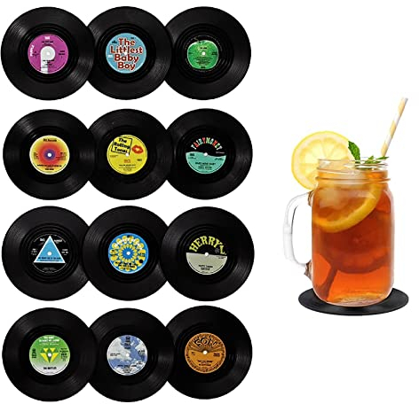 12 Pezzi Vinyl Record Sottobicchieri,Sottobicchieri in Vinile Antiscivolo,Sottobicchiere Vintage Nero Rotondo,per Caffè Tè Boccale di Birra Vino in Vetro Casa e Bar