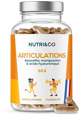 NUTRI & CO Formule Articulations 2en1 - Confort Articulaire & Protection Os, Cartilages - Acide Hyaluronique + Boswellia Serrata Bio-actif Mangoustan VitamineC - 60 gélules Vegan - Fabriqué en France