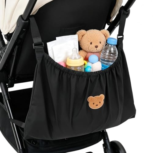Organizer per borsa per passeggino Borsa per pannolini per bambini riutilizzabile Modello di orso carino Organizzatore universale per passeggino per mamma che allatta Viaggio all'asilo(Nero)
