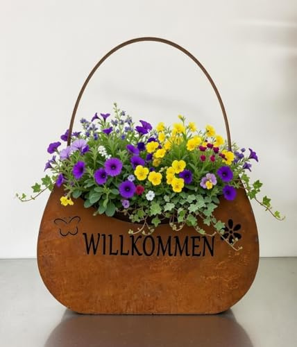 Edelrost handväska 32 x 33 cm väska för plantering, välkommen med blomma och fjäril, rost, växtväska, blomkruka, lykta, ädelrost, trädgårdsdekoration (välkommen med blomma och fjäril)