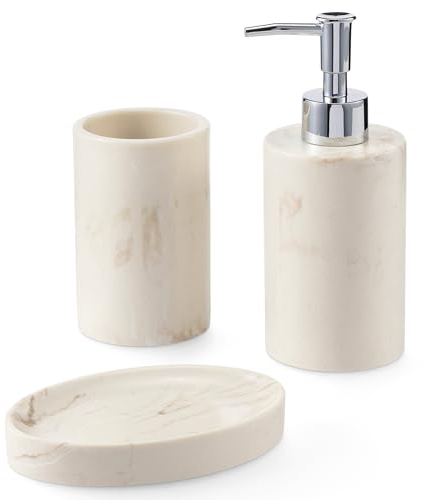Navaris Dekoratives Badezimmer-Zubehör-Set – 3-teiliges Badzubehör-Set mit Zahnbürstenhalter, Flüssigseifenspender und Seifenschalen-Set, Marmor