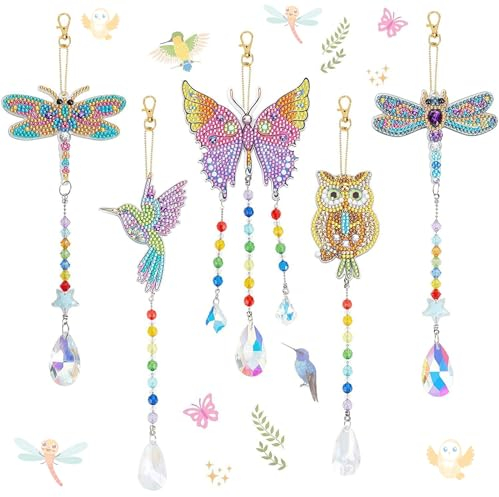 AUAUY 5 PCS Diamond Painting Kristall Sonnenfänger Windspiel Set, 5D Doppelseitige Diamond Painting Schlüsselanhänger Kristall Hängender Ornament, Kreatives Bastelset Geschenke für Mädchen 6-12 Jahre