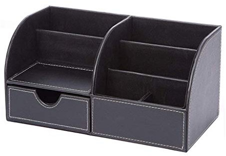 BAILAI Xintmy-7707 Organiseur de bureau multifonction en cuir pour stylos, crayons, téléphone portable, cartes de visite, télécommande avec petit tiroir Noir