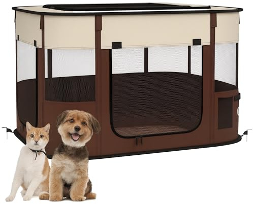 PawHut Dog Pen, Pet Playpen, Portable Foldable Dog Cat Playpen Soft Pet Cage with Storage Bag for Puppies, Rabbits, Kittens, Guinea Pigs, 84 x 64 x 53cm - Brown