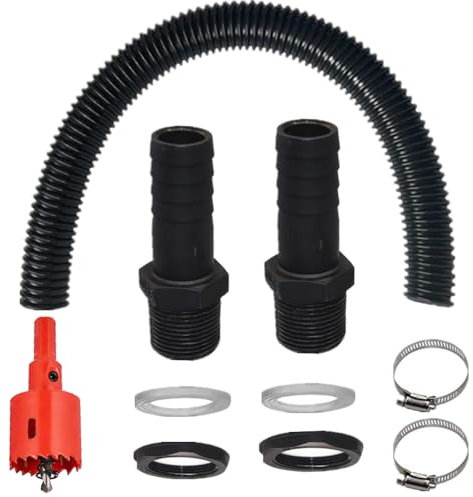 Regentonnen Verbindungsset, Regentonnen Verbinder mit 1m Schlauch, 2 Schlauchstutzen, 2 Silikondichtungsringe, 2 Rohrschellen aus Edelstahl und Lochöffner für Regenwasser Tonnen