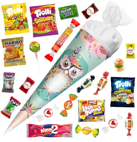 OYOY 22cm Schultüte gefüllt mit Süßigkeiten Mix I ROTH Schultüte Eule Lieselotte I kleine Schultüte fertig gefüllt I Geschwister Schultüte I kleine Kindergartentüte