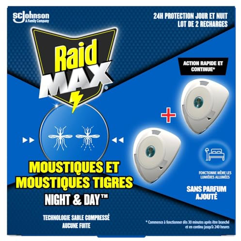 Raid Max Recharges Diffuseur Electrique Liquide Night & Day - Anti-Moustiques et Moustiques Tigres - Protection Longue Durée Jour & Nuit - Sans Parfum - 2 Recharges