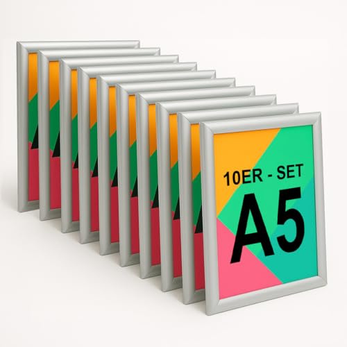 Aluanz fällbar ram A5 silver – uppsättning om 10 – bildram med antireflexfilm, affischlist för väggmontering, affischram stående och liggande format, affischram – 210 x 148 mm