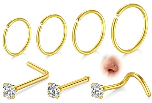 AVYRING Piercing de titanio para la nariz y tornillos de tuerca para mujeres y hombres, joyería de aro de nariz (plata/dorado) – Piercings para nariz, tabique, tragus, labio, fosa nasal – 6 mm, 8 mm