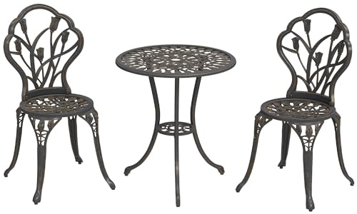 Outsunny Set Bistrò da Esterno 3 Pezzi con 2 Sedie da Giardino e Tavolino Rotondo con Foro per Ombrellone, Set Tavolo e Sedie da Balcone in Alluminio, per Patio, Cortile, Bronzo