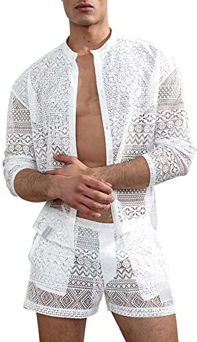 Pantalones de muselina para hombre, traje de ocio transpirable, chándal de malla, camisa transparente, 2 piezas, camisa de encaje sexy y pantalones cortos, camisa de malla de dos piezas