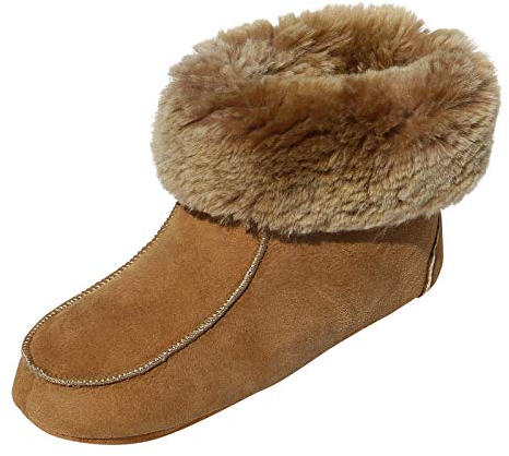 Hollert Herren & Damen Lammfell Hausschuhe IBIZA COGNAC Fellschuhe 100% Merino Schaffell Echtleder Bettschuhe Schuhgröße EUR 39