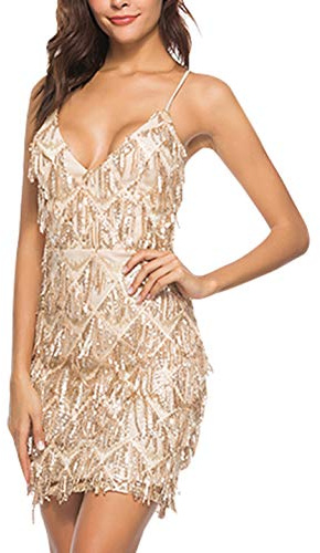 FEOYA Robe de Soirée Femme sans Manche Robe à Frange Paillettes Robe Année 20 Charleston Gatsby Femme Robe dans Latine Femme S Doré