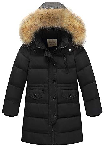 amropi Niño Niña Abrigo Invierno Chaqueta Plumas Caliente Acolchada Largo con Pelo Capucha (Negro,9-10 años)
