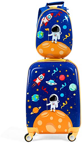 RELAX4LIFE Set Valigia Bambini 2 in 1 Astronauta Spazio Blu Royal Giallo (Trolley18 + Zaino 12) con Ruote 360°, Maniglia Regolabile, Zaino con Piedini | ABS Resistente |Ideale per Viaggi e Scuola