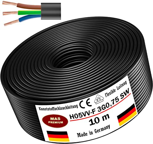 MAS Premium Von 5 bis 100m Kunststoffschlauchleitung H05VV-F 2, 3 oder 5 x0,75; x1; x1,5 oder x2,5 und 4G0,75 Flexible Leitung Kabel Leitung Gerätekabel (H05VV-F 3G0,75 SW, 10m)
