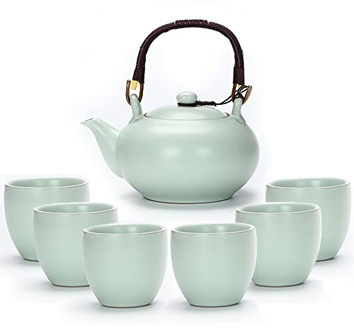 Webao Juego de té chino de cerámica, tetera de 600 ml y 6 tazas, 120 ml, servicio de té kungfu, esmalte modificado en el horno, tetera asiática para los amantes del té, verde
