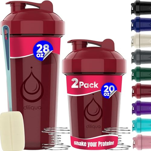 diliqua 2 PACK, 28 oz & 20 oz Shaker Bottles with Powerful Wire Whisks for Protein Mixes | Leakproof Blender Shaker Bottle Pack | BPA-Free & Dishwasher Safe | Shaker Bottle | Shaker Cups for shakes