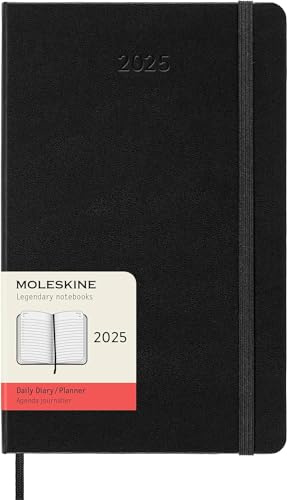 Moleskine Daily Planner, 12-Month Daily Agenda 2025, HardCover and Elastic Closure, Black Color, Large Format 13x21 cm