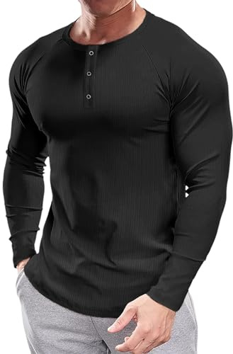 Muscle Cmdr Henley-Camiseta de Manga Larga Hombre,Camiseta Ajustada Henley de Manga Larga para Hombre Negro S