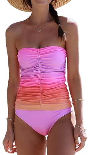 Beachsissi Smocked Tummy Control Gradient Print Tankini Set Women's Bandeau Two Pieces Swimsuits, HotPink, L