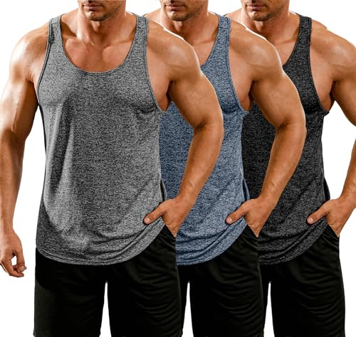COOFANDY Men's Tank Top Gym Y-Back Summer 3 Pieces Fitness Quick Dry Bodybuilding Workout Vest Sleeveless Muscle Shirts Men, Black/dark blue/grey, M