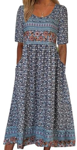 ABYOVRT Vestidos Largos Verano para Mujer Maxi Casual Estampada Retro Vestido de Manga Corta Informal Vestido de Playa con Bolsillos,XL