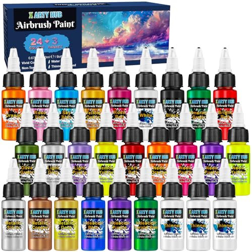 X ARTY HUB Airbrush Paint - 24 Colors with 60 ml Thinner, Iridescent, Neon and Metallic Air Brush Paints Acrylic Ready to Spray, Water-Based Airbrush Painting Set for Artists Beginners