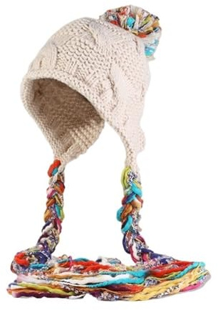 xinrishe Chapeau Péruvien Chaud d'hiver avec Pompons Colorés, Oreillettes Tricotées, Jolis Pompons Au Crochet, Bonnet pour Femmes Et Filles(Beige)