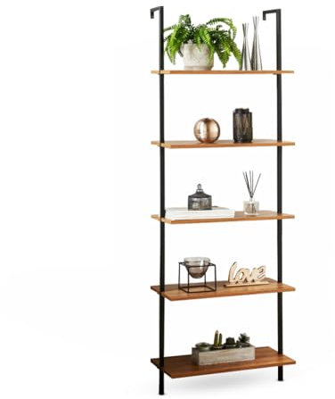 M&H 5-Tier Ladder Bookshelf | Ladder Shelf Bookcase | Industrial Open Display Storage Rack | Plant Flower Stand with Metal Frame for Home Office, Living Room, Bedroom