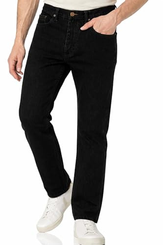 Mens Straight Leg Denim Jeans, Comfortable Hard Wearing Jean, Stylish & Classic Plain Fashion Trousers for Men Regular Fit Cotton Denim Pants, Black-34W / 27L