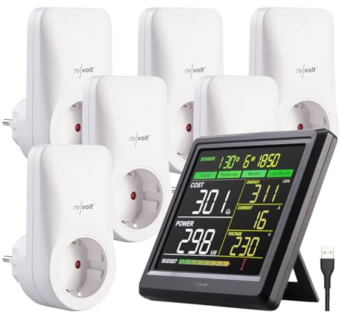 revolt Leistungsmessgerät: Funk-Energiekosten-Messer, inklusive 6 Steckdosen, externes Display (Digitaler Energiekostenmesser, Digitale Stromzähler, Zähler)