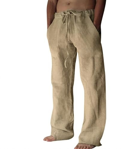 Litthing Men Linen Trousers Cotton Jogging Bottoms Casual Summer Pants with Pockets Loose Fit Drawstring Elastic Waist Trouser Comfortable Lightweight Khaki