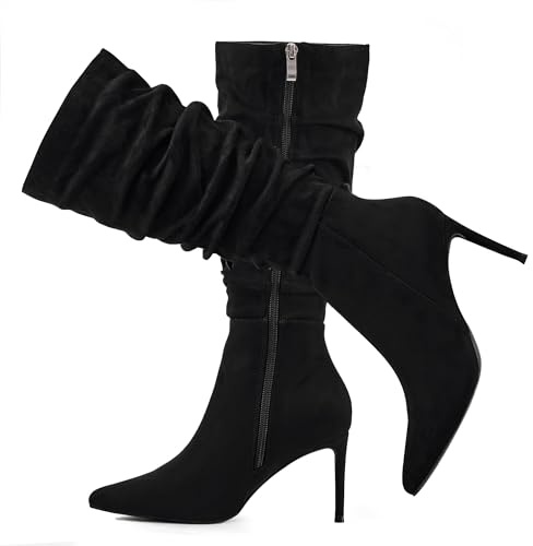 Elisabet Tang Women's Mid Calf Boots Pointed Toe Tall Boots 3 In Stiletto High Heel Sexy Long Boots Side Zipper Fashion Dress Shoes Black Suede Size 7