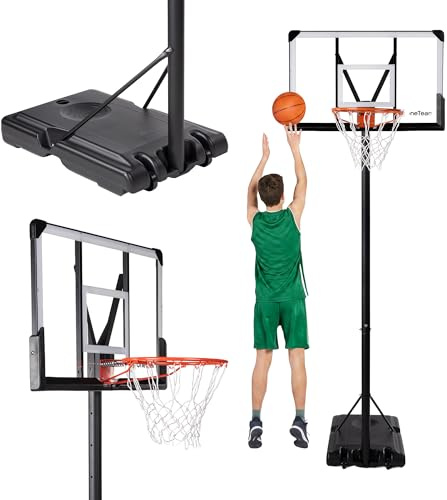OneTeam Pallacanestro BH04 nero regolabile autoportante con ruote di trasporto, materiale PC resistente, base stabile con capacità di 140 L con tavola e griglia (235-305)
