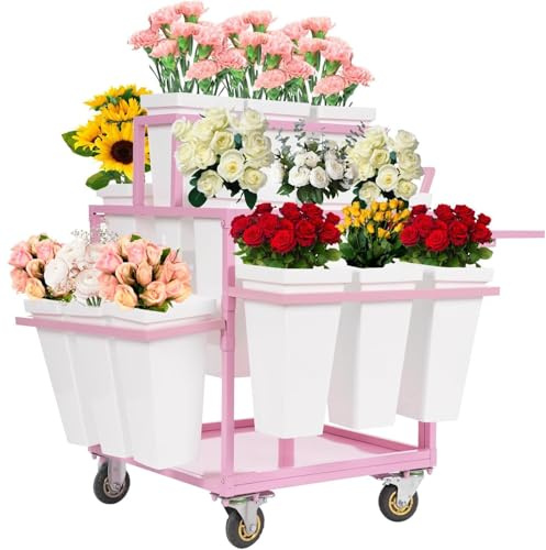 ZWJABYY Exhibidor de Carrito de Flores, Soporte de Barra de Flores de 6 Capas con 18 Cubos y Mesa de Trabajo, Expositor de Flores para Exteriores, balcón, jardín, floristería,Pink
