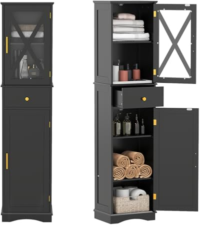 GIANTEX Armoire de Salle de Bain Haute, Meuble de Colonne avec Placard à Porte Vitré Trempé, 3 Étagères Ajustables, 2 Portes, 1 Tiroir, Design Compact, pour Cuisine, Salon, Bureau, Noir