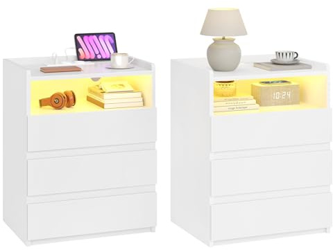 AOGLLATI Chevet de Lit Lot de 2 avec Multiprise et 2 Rubans LED, Table de Chevet avec 3 Tiroirs et 1 Compartiment, pour Salon et Chambre, Table de Nuit Blanche