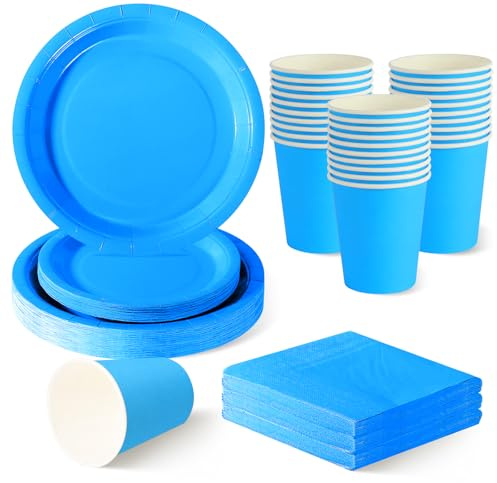 120 Piezas Azul Cielo vajilla desechable cumpleaños para 30 Invitados | 18 y 23 cm platos carton, vasos de papel, servilletas, baby shower niño, ceremonia de nombre, fiesta de verano.