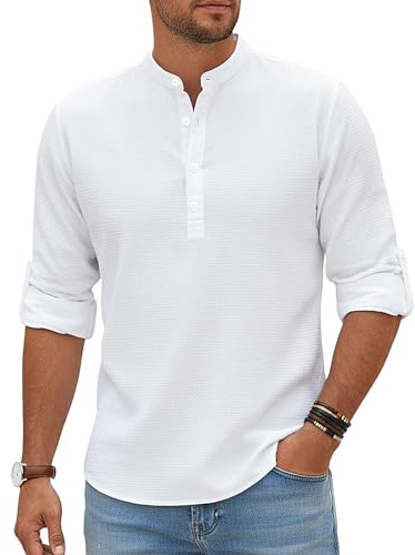 viiotu Maglietta Henley da Uomo a Maniche Lunghe con Bottoni, Leggera e Traspirante, Estiva (IT, Testo, M, Regular, Regular, Bianco)