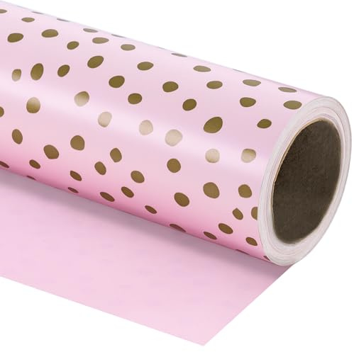RUSPEPA Vändbart omslagspapper – minirulle – 43,2 cm x 10 m – rosa tryck och guld delikat prickig design för födelsedag, bröllop, babyshower