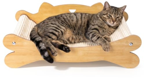 Nobleza Rascador para Gatos Tipo Cama de Madera, Sofá Rascador de Cartón Ondulado con Soporte de Madera Premium, Ergonómico y Duradero, Protector de Muebles, Diseño de Gato y Hueso (59 x 32 x 20.5 cm)