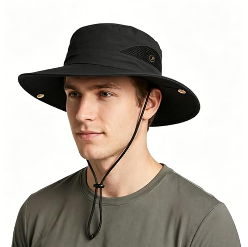 Wide Brim Sun Hats for Men, UV Outdoor Packable Bucket Hats Men Boonie Hat, Mens Sun Hat for Side Press Studs Air Vents, Safari Hat for Men Fishing Hiking Beach, Birthday Mens Gifts