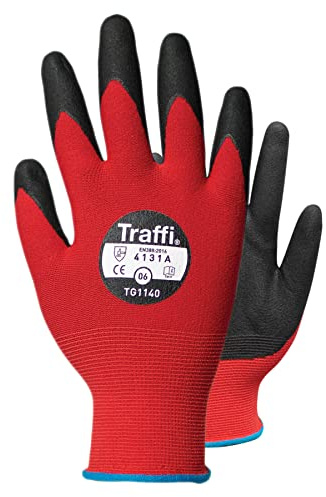 Traffi TG1140 PPE Code Red Safety Glove (Cut Level A - Low Protection) Breathable, Suitable for Sensitive Skin, Nitrile Coated Work Gloves for Dry, Damp and Oily Conditions Visit the Traffi Store