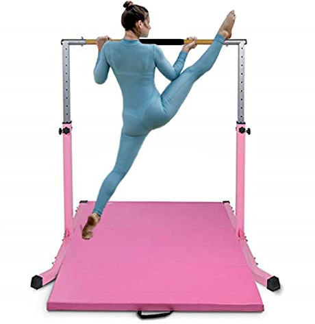 Pro-Gymnastics Expandable Gymnastics Kip Bar Horizontal Bar Junior Gymnastic Training High Bar, 6'x4' Tumble Mat Asymmetric Bar 13 Level Height Adjustable 3 to 5 FT Cushioned Bar & Curved Legs (Pink)