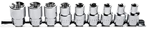 Högert Technik - HT1A880 - Juego de llaves de vaso de acero al cromo vanadio y aleación de acero I Juego de llaves de vaso I Técnica Juego de 9 llaves de vaso Torx, plata, 1/2 tamaño E10-E24, CRV